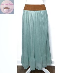 Rachel Rose Boho Maxi Skirt Lace Overlay Metallic Green Size S